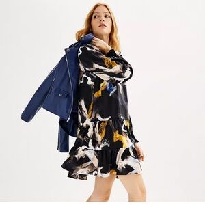 Nine West Long Sleeve Ruffle Hem Mini Dress Size Medium Black Gold